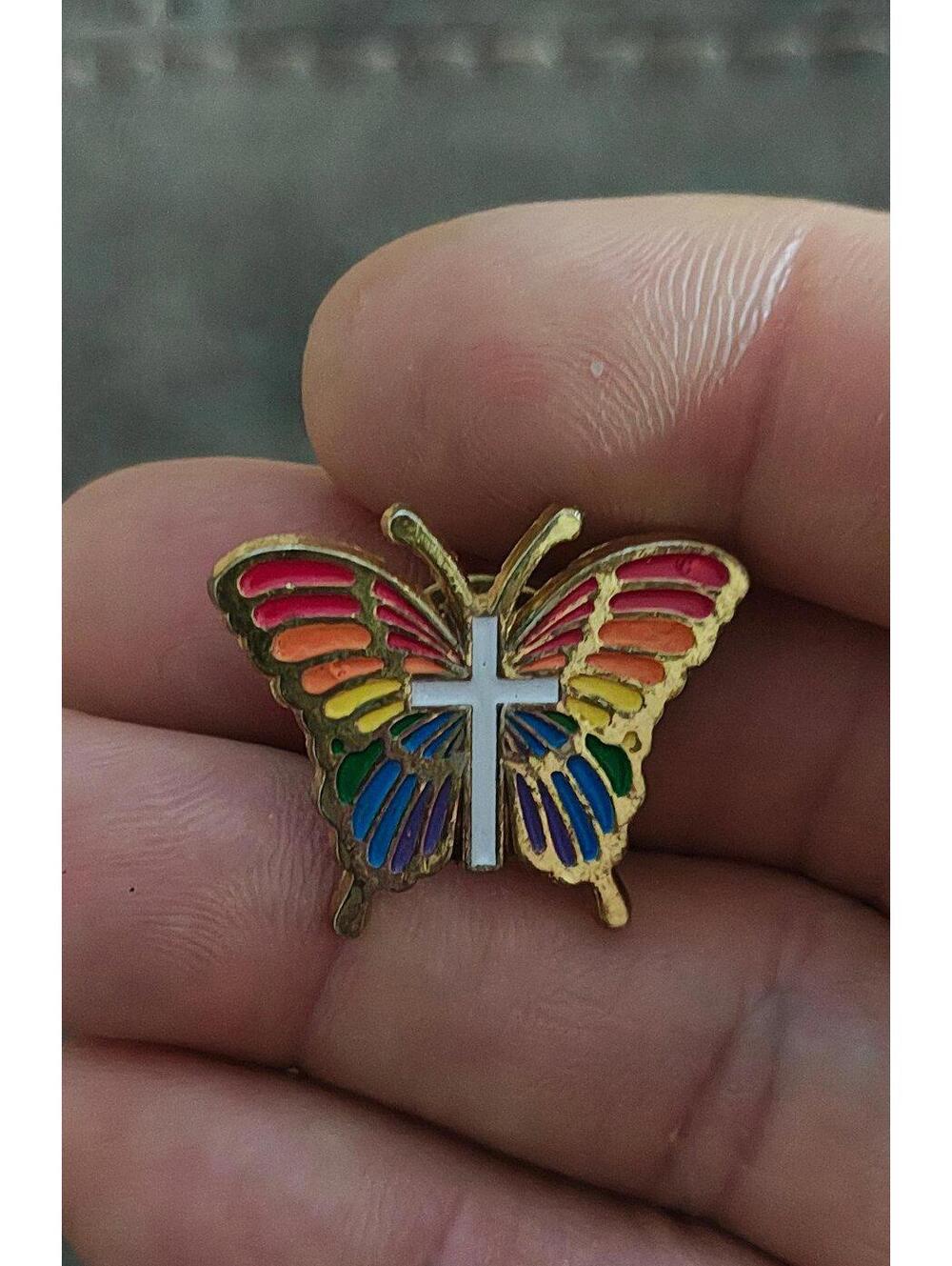 1980's Rainbow Butterfly With White Cross Gold Tone Enamel Pin - Picture 5 of 9